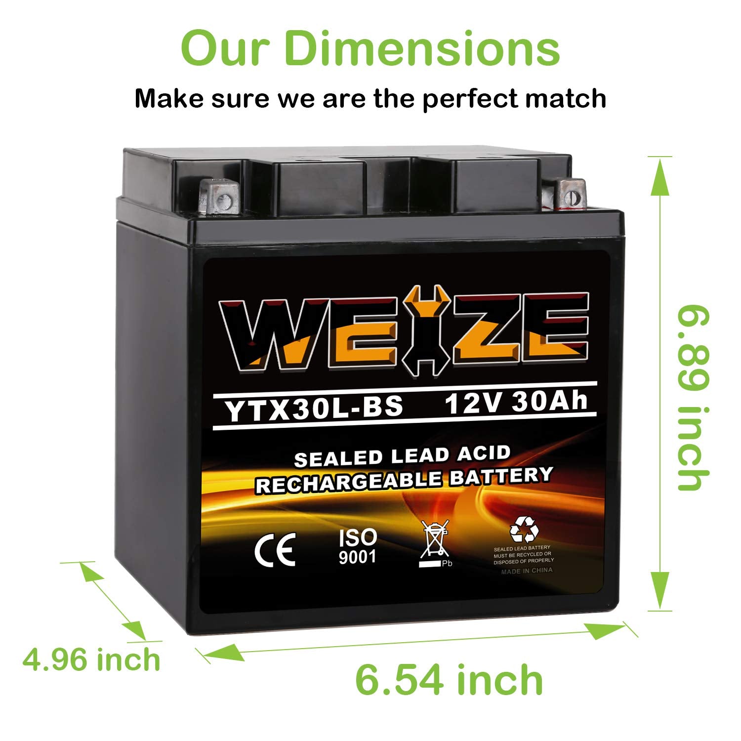 Weize Ytx30L-Bs Battery Replacement Yuasa Yix30L Motorcycle Battery - Factory Sealed - Maintenance Free - High Performance Etx30