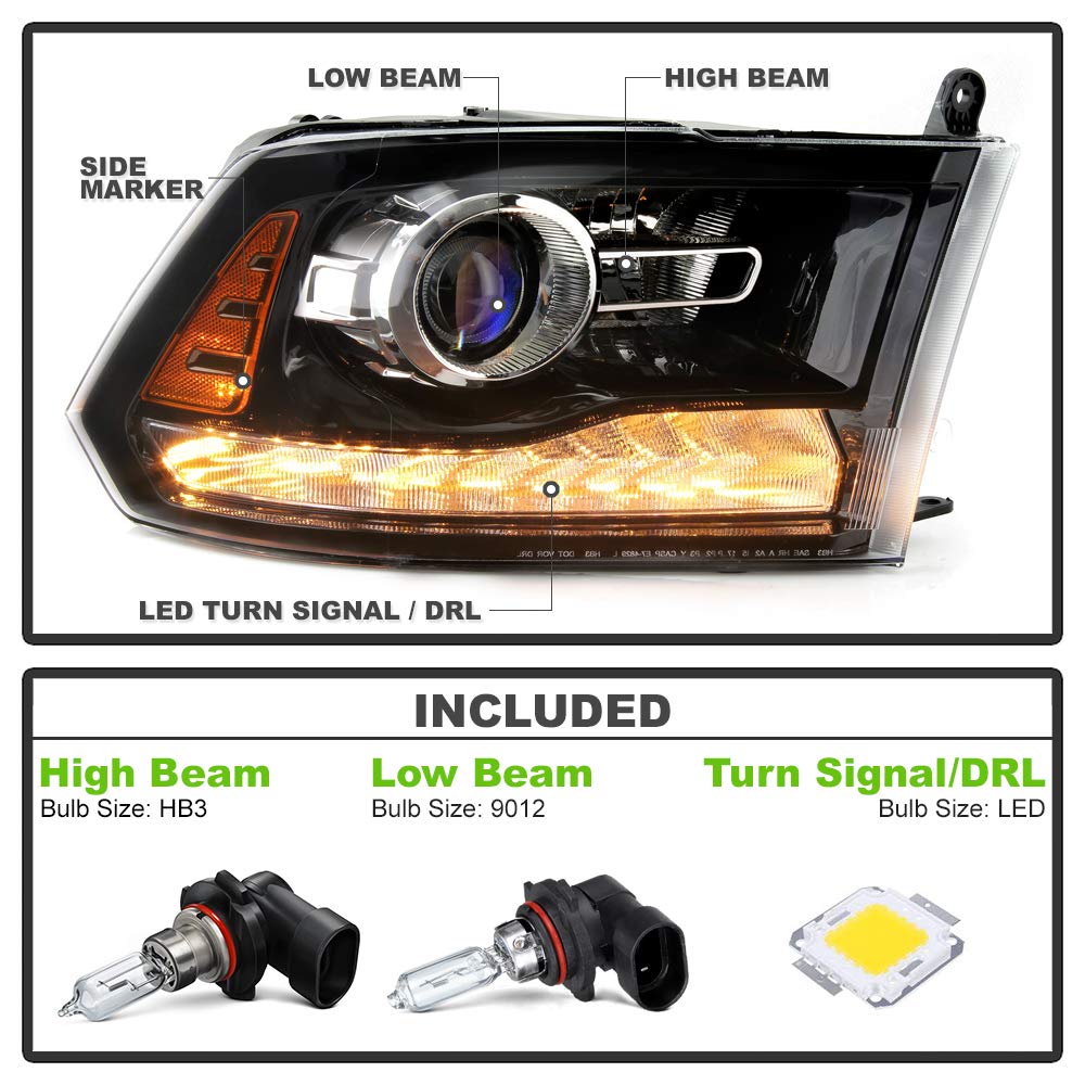 Acanii - For [Oe Projector Headlight Model Only] 2013-2015 Dodge Ram 1500 2500 3500 W/Black Trim Headlamp Passenger Side