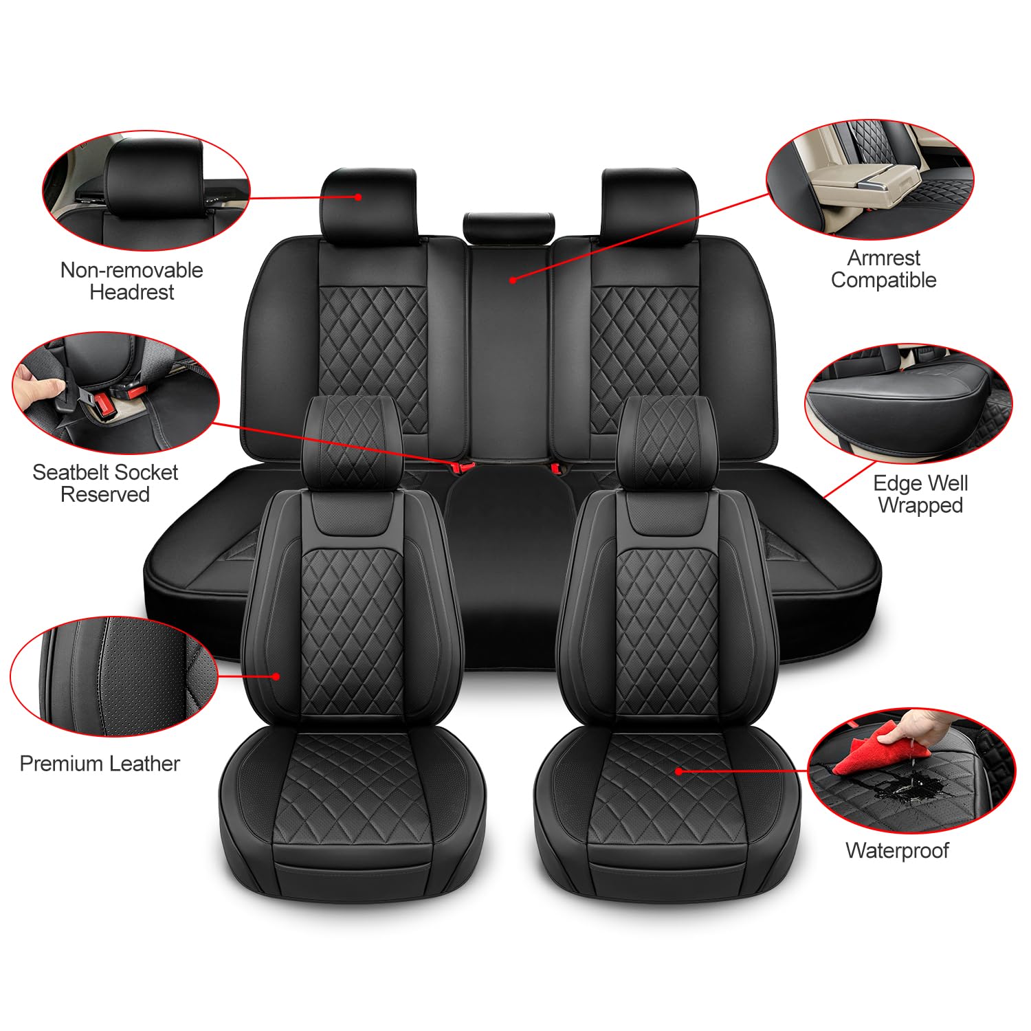 Beitk Leather Car Seat Covers Full Set,Unique Rear Design Easy To Install Car Seat Cover Protectors,Universal Full Surround Fron