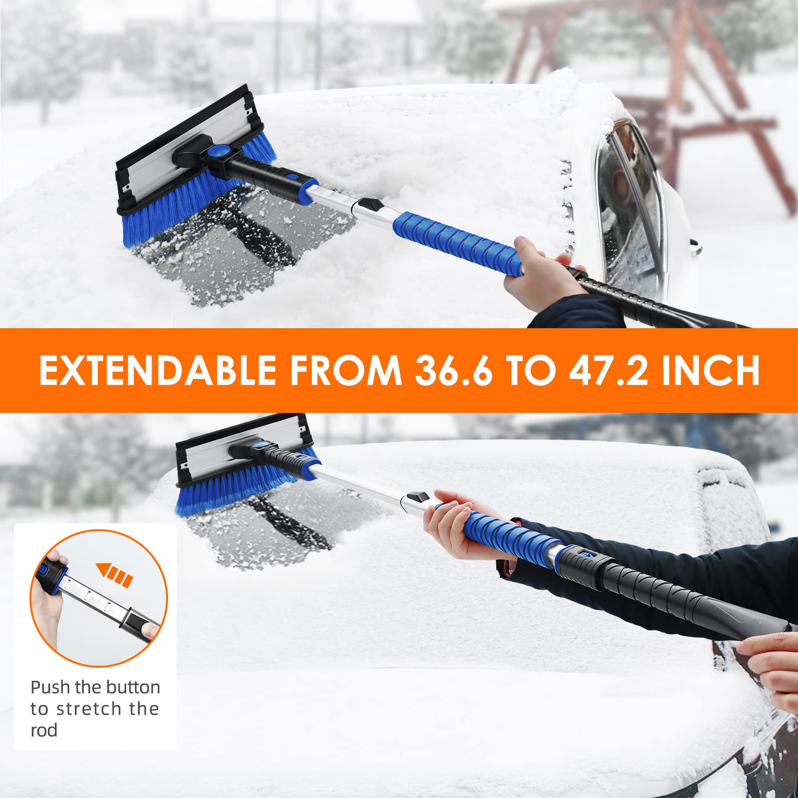 Astroai 47.2'' Ice Scrapers For Car Windshield, 3 In 1 Sturdy Snow Brush With Squeegee, 10 Adjustable Length Settings, Extendabl