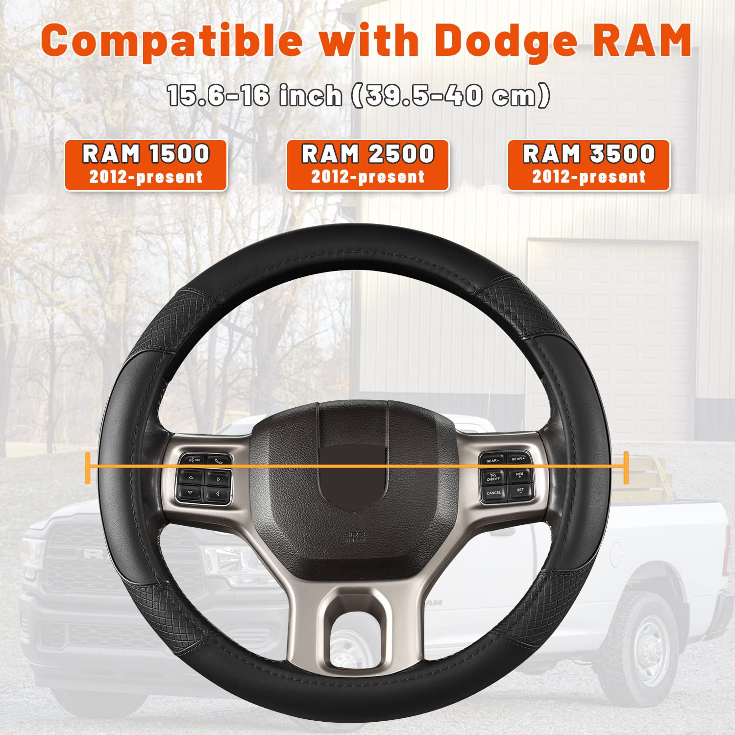 GIANT PANDA Car Steering Wheel Cover for Dodge Ram 1500 2500 3500 15.5-16 inches- Solid Black
