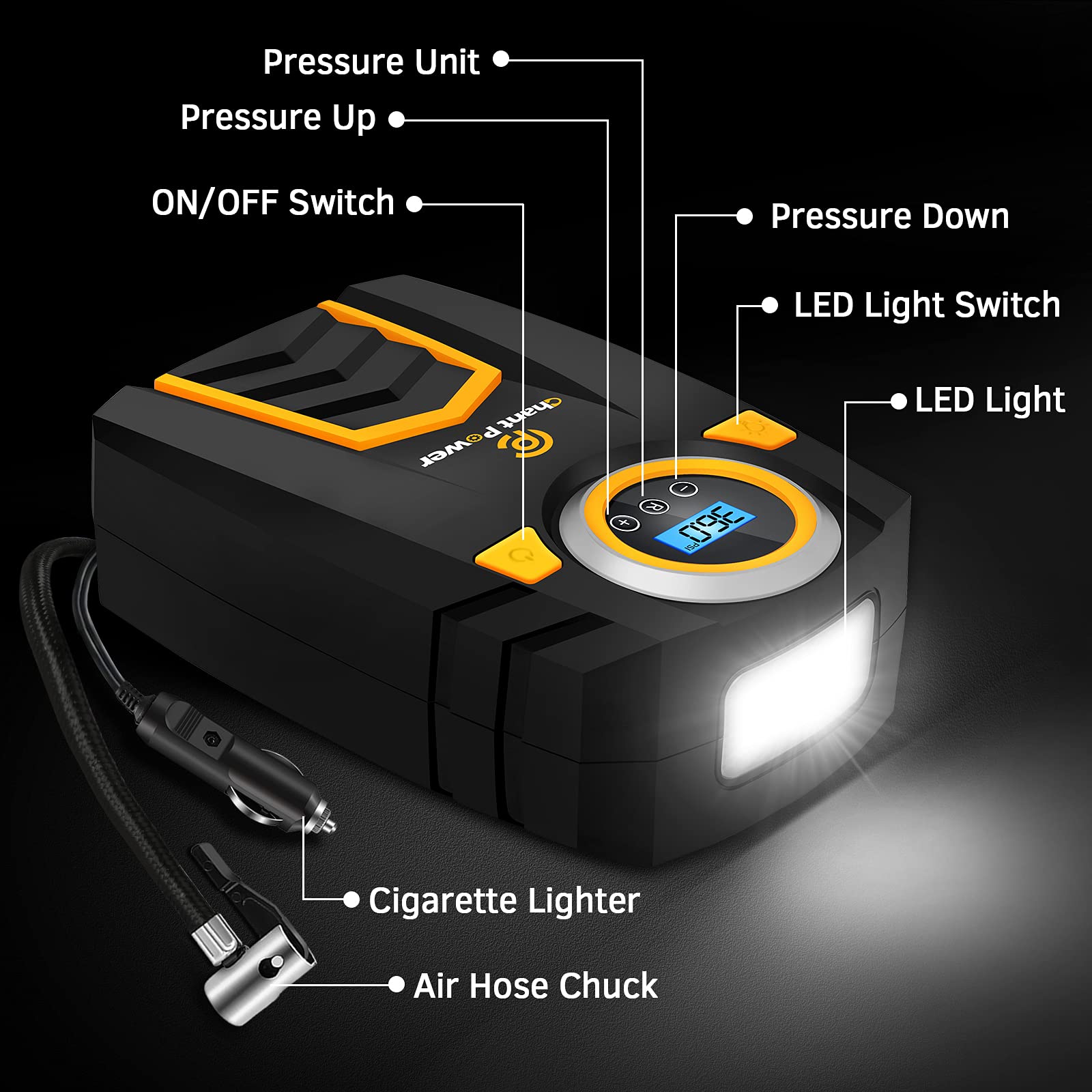 C P Chantpower Air Compressor Tire Inflator,12V Dc Car Tire Pump With Digital Pressure Gauge, 150Psi With Car Power Adaptor, Aut
