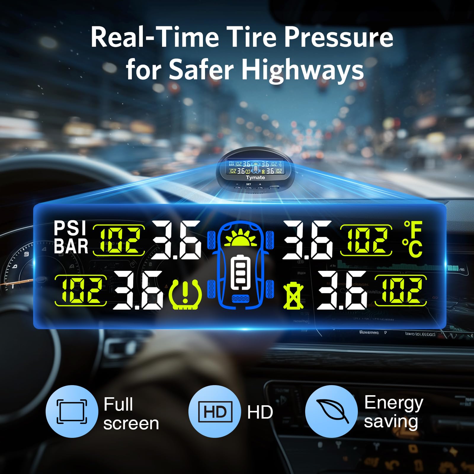 Tymate TM9 Tire Pressure Monitoring System, Compact Wireless Solar TPMS with 4 External Sensors & 6 Alarm Modes, Install on Wind