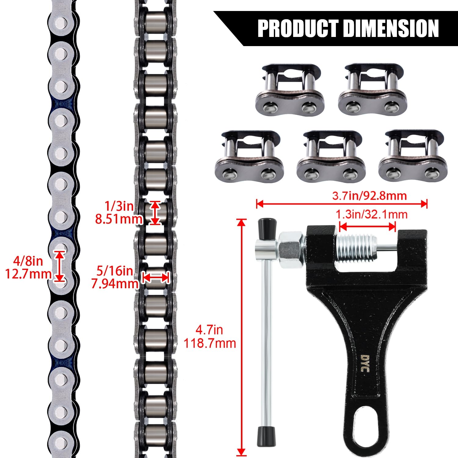 DYCTAHO 428H Motorcycle Chain 122 Link Heavy Duty Drive Chain with Free Chain Breaker 5 Connecting Master Link for 125cc 150cc 2