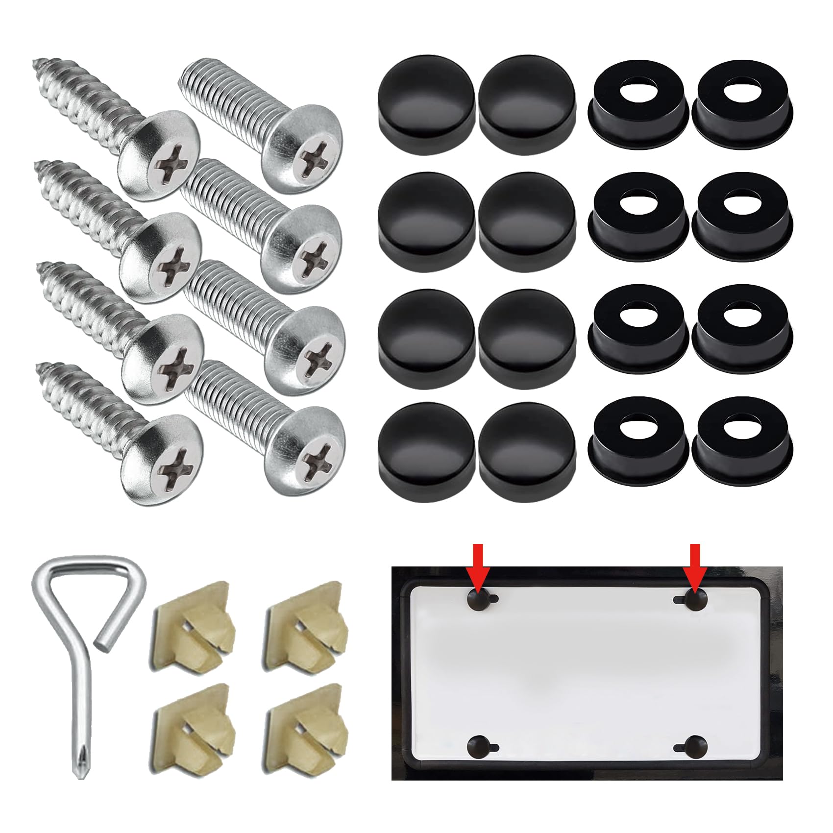 License Plate Screw Kit, Stainless Steel License Plate Screws Kit, License Plate Bolts, Caps Cover For Cars Front Rear Frame Hol