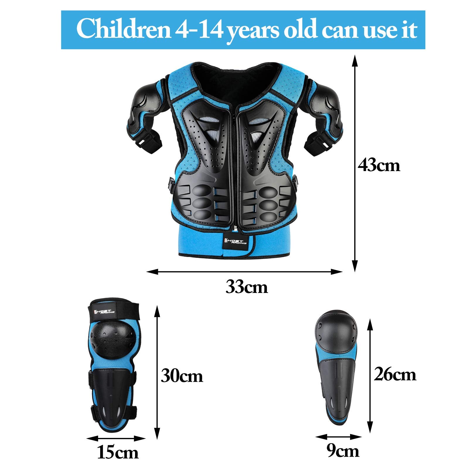 JUSTDOLIFE Youth Dirt Bike Gear Set - 5 PCS Motorcycle Armor with Knee & Elbow Pads, Chest Protector, For Ages 4-12, Blue, Model FJBB28P315