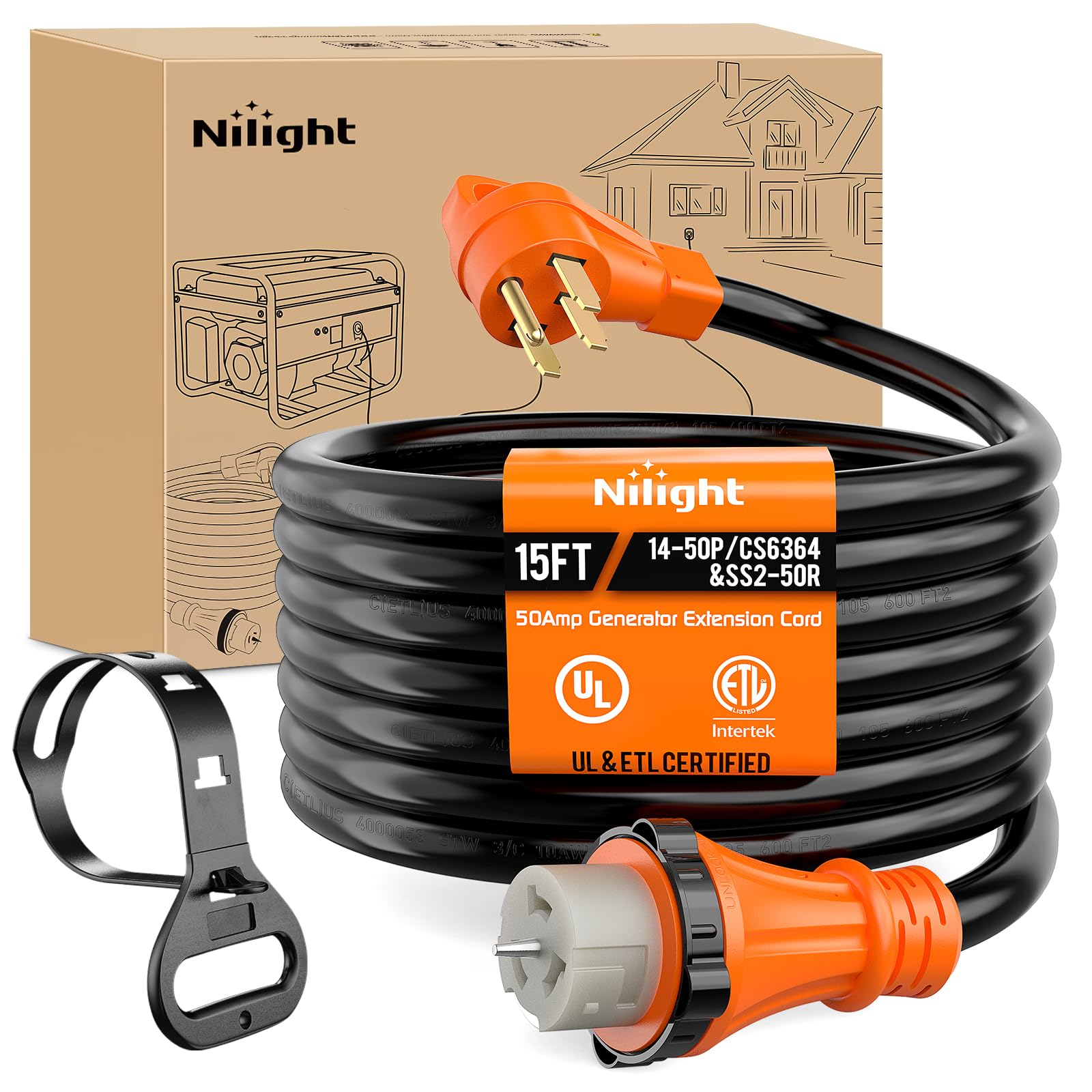 Nilight 50 Amp 15Ft Generator Extension Cord 250V 12500Watt Heavy Duty 6/3+8/1 Gauge Pure Copper Stw Wire Ul Listed 4 Prong 14-5