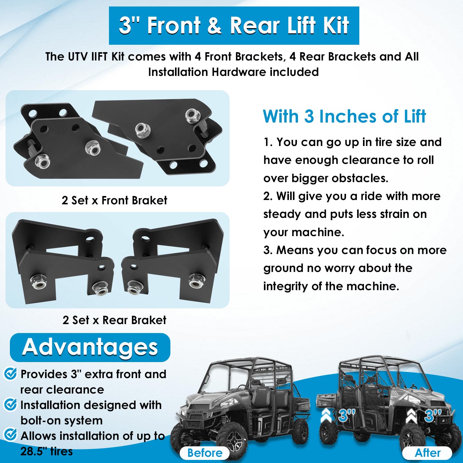 3'' Front & Rear Lift Kit UTV for Polaris Ranger 570/Fullsize 570 XP/XP 900/XP 900 CREW/XP 1000/XP 1000 CREW/1000 Diesel/1000 Di