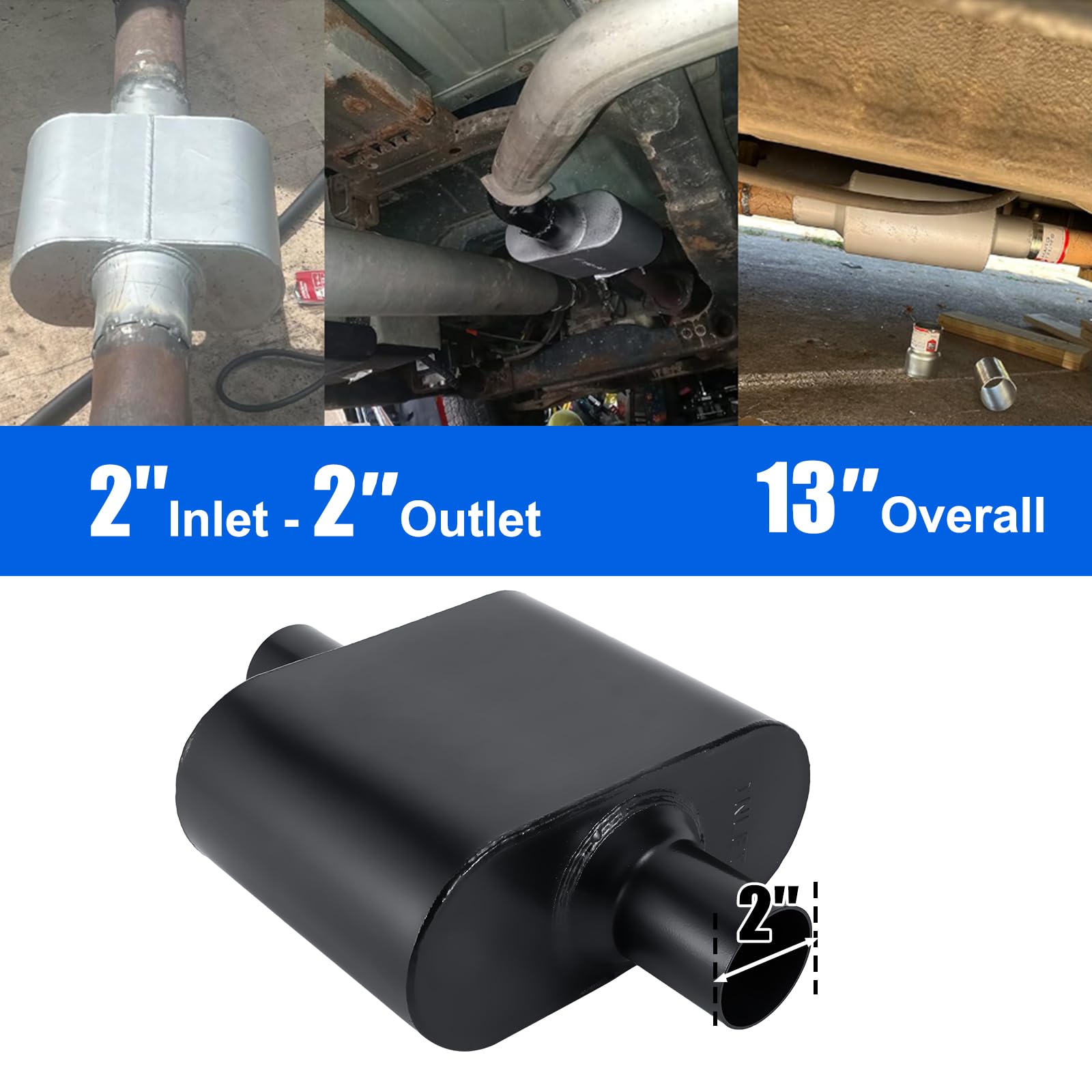 Floshine Universal Mufflers,Performance Automotive Exhaust Muffler,Single Chamber 2 Inch Inlet (Id) 2 Inch Outlet (Id) Black Fh4