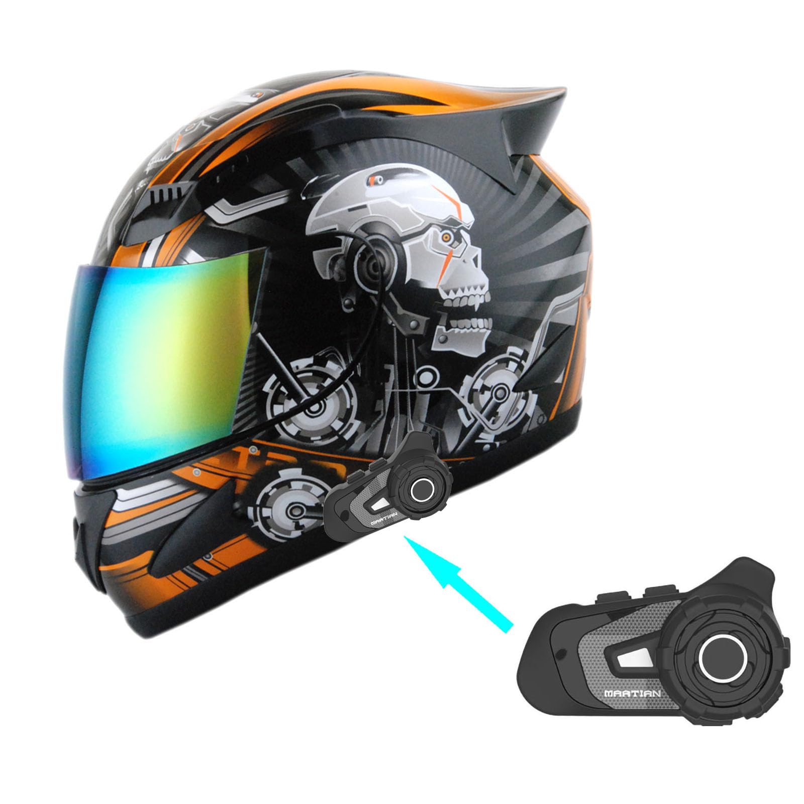 1Storm Motorcycle Bike Full Face Helmet Mechanic + Motorcycle Bluetooth Headset: Skull Orange