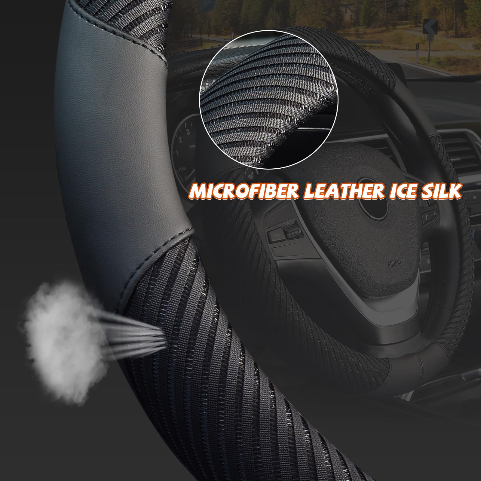 Kafeek Steering Wheel Cover, Universal 15 Inch, Microfiber Leather Ice Silk, Breathable, Black