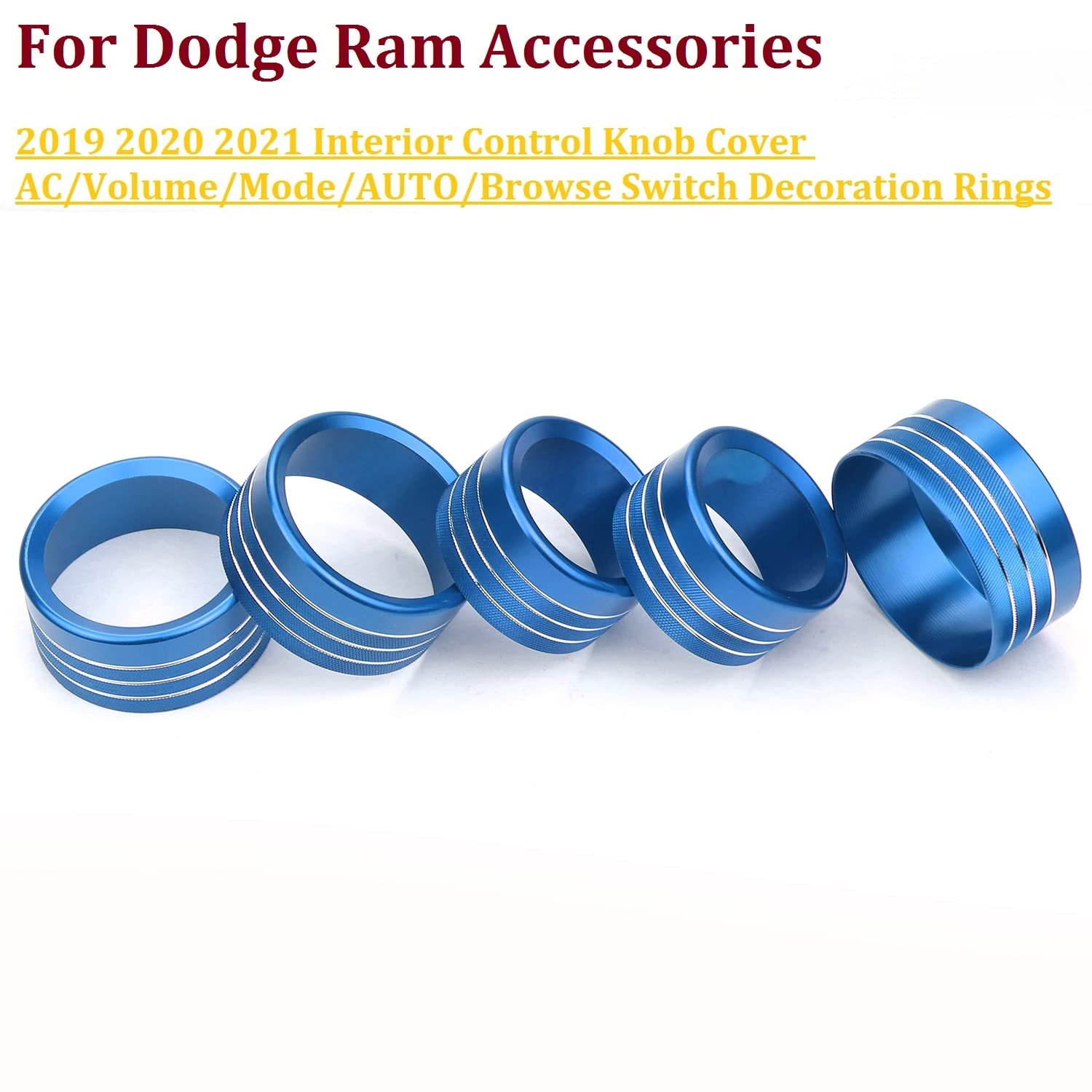 Bolaxin For Dodge Ram Accessories 2019 2020 2021 Interior Control Knob Cover Ac/Volume/Mode/Auto/Browse Switch Decor Button Ring Trim (Blue, 5Pcs)