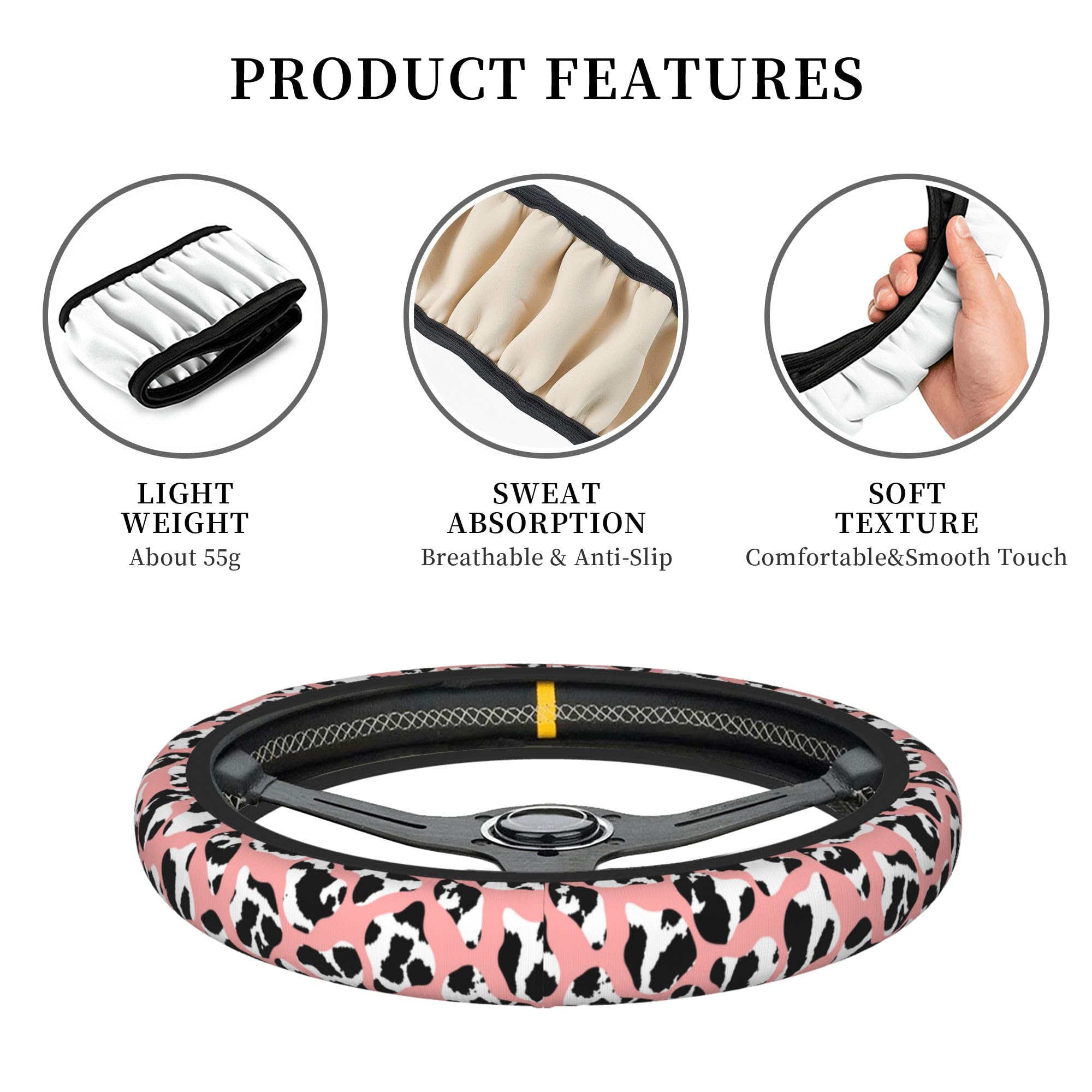 Cow Print Steering Wheel Cover, Universal 15 Inch Anti-Slip Car Steering Wheel Protector, Pink Leopard