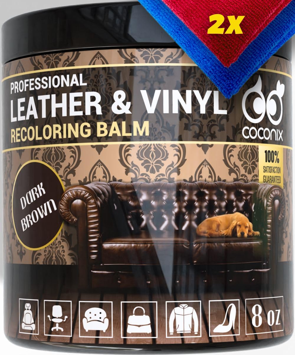 Coconix Leather Recoloring Balm Dark Brown - Recolor, Renew, Repair & Restore Aged, Faded, Cracked, Peeling And Scuffed Leather & Vinyl Couches, Boat Or Car Seats, Furniture 8 Oz