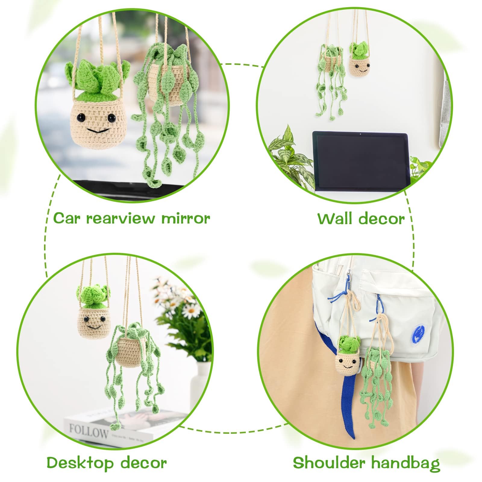 Vansolinne 2 Pcs Cute Car Accessories Crochet Plants Hanging Baskets Green Succulent for Rearview Mirror Decor Car Ornament Inte