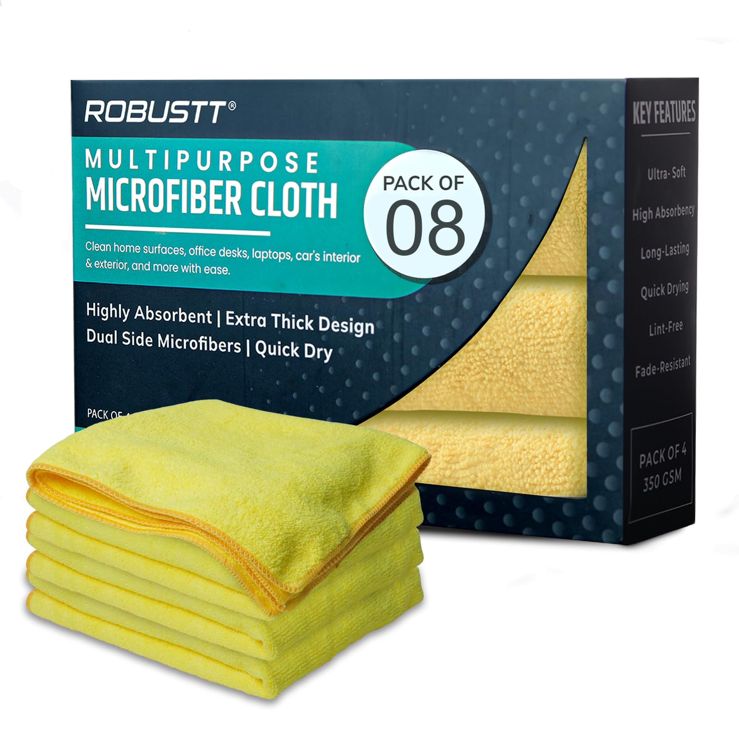 Robustt Microfiber Cloth (Yellow, Pack of 8) 40x40 cms  350 GSM Thick Lint & StreakFree Multipurpose Cloth  Automotive Microf