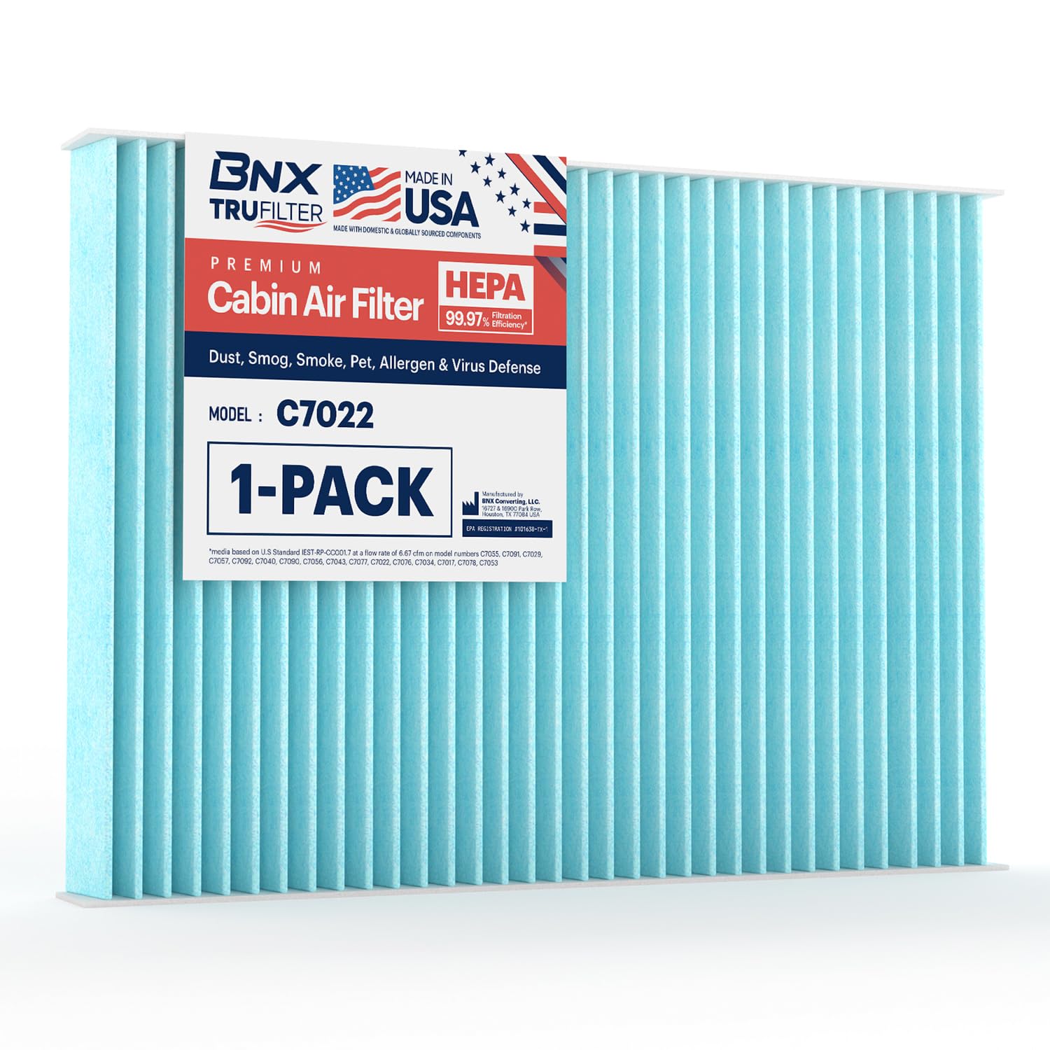 Bnx Trufilter C7022 Cabin Air Filter, Hepa 99.97%, Made In Usa, Compatible With Dodge: Charger, Challenger; Chrysler: 300