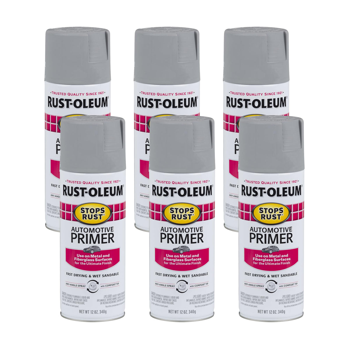 Rust-Oleum 2081830-6Pk Stops Rust Automotive Primer Spray, 12 Oz, Flat Light Gra