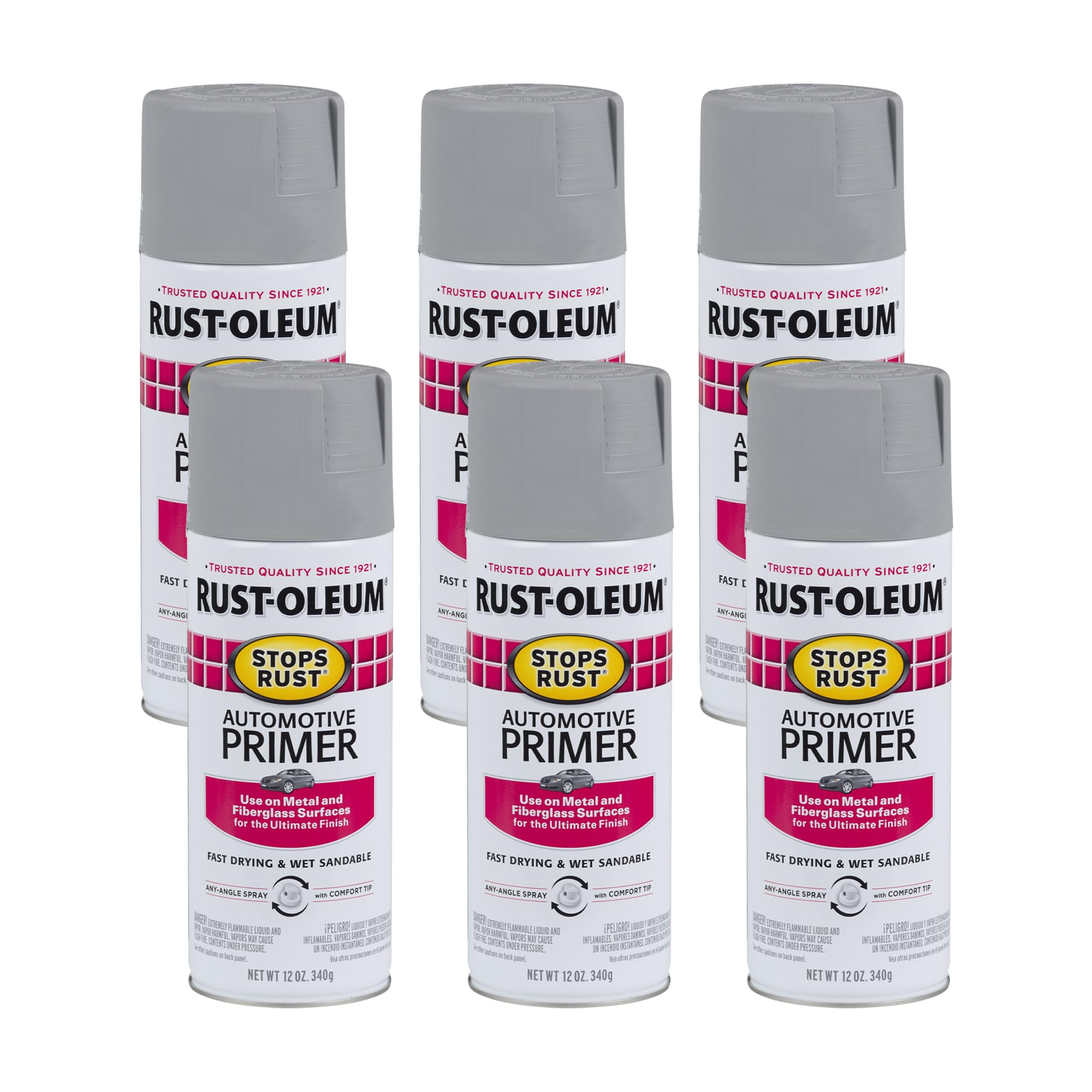 Rust-Oleum 2081830-6Pk Stops Rust Automotive Primer Spray, 12 Oz, Flat Light Gray, 6 Pack