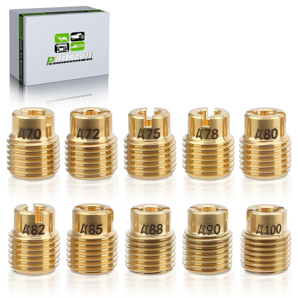 Partszen Carburetor Main Jet Kit (70 72 75 78 80 82 85 88 90 100) For Honda Gx160 Gx200 Gx390 Predator 212Cc Mini Bike Go Kart,10 Pcs