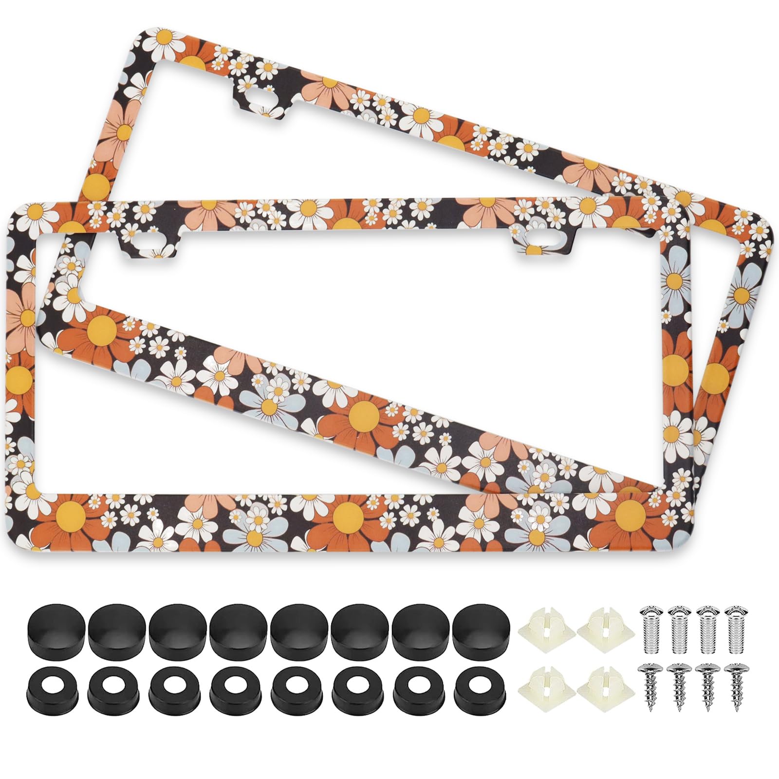 Retro Floral Daisy License Plate Frames Black, 2 Pack Colorful Flowers Car Plate Frame, Stainless Steel License Plate Holders Co