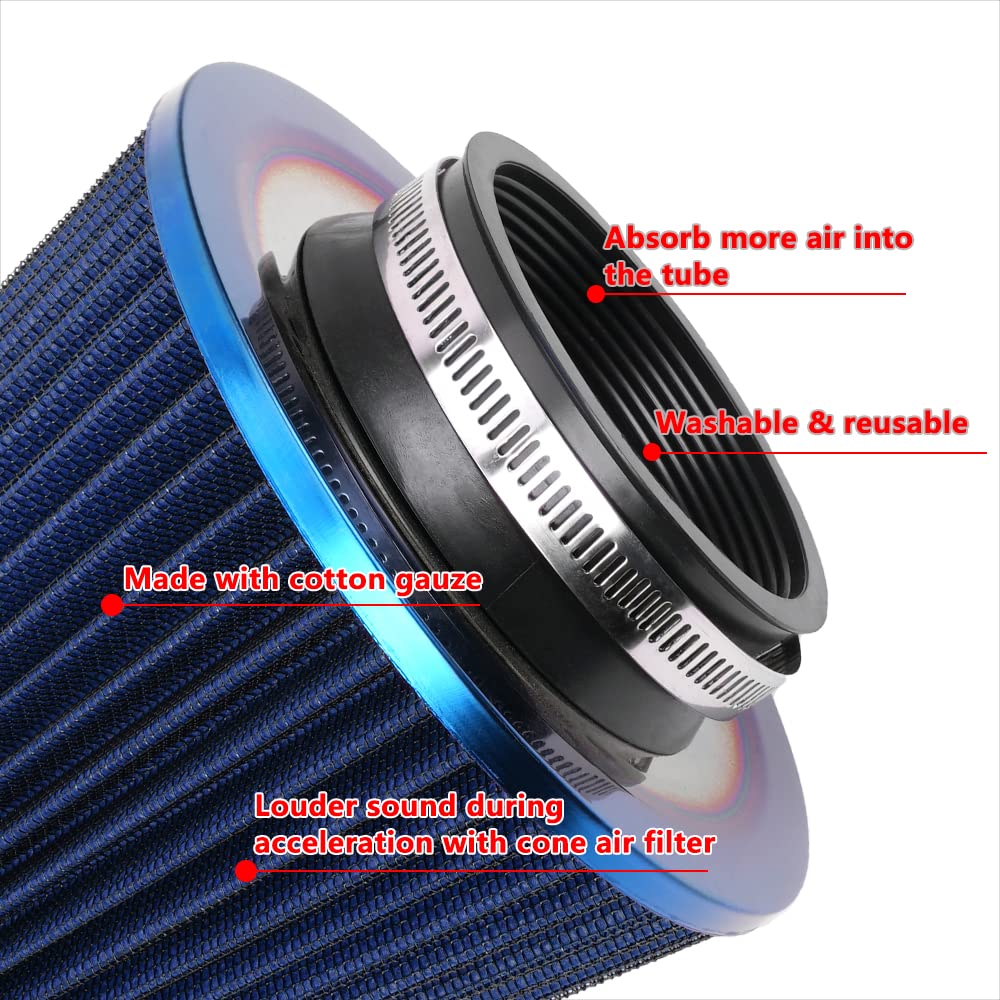 muge racing Universal Clamp-On Air Intake Filter, 3" Flange, Washable, High Performance, Blue, Model OFI074-Burn+BL