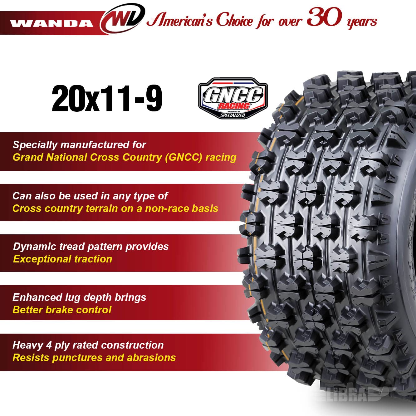 Wanda Set 2 Sport Atv Tires At 20X11-9 P357 Gncc (Grand National Cross Country) Race Tire -0.71'' Lugs 10085