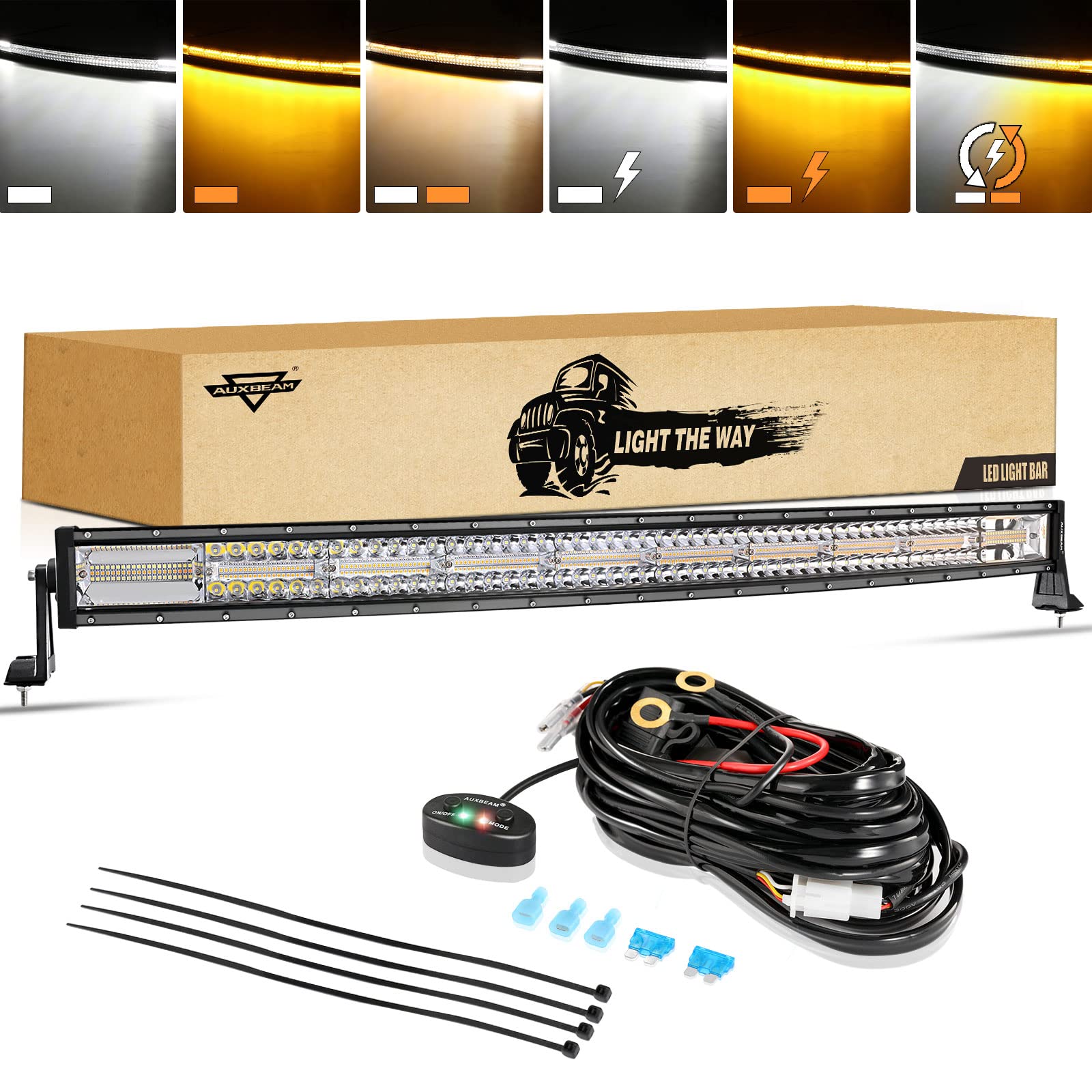 Auxbeam 42 Inch Led Light Bar, 240W Curved Amber White Strobe Lights, 6 Modes Spot Flood Combo Beam Fog Driving Light For Car Je