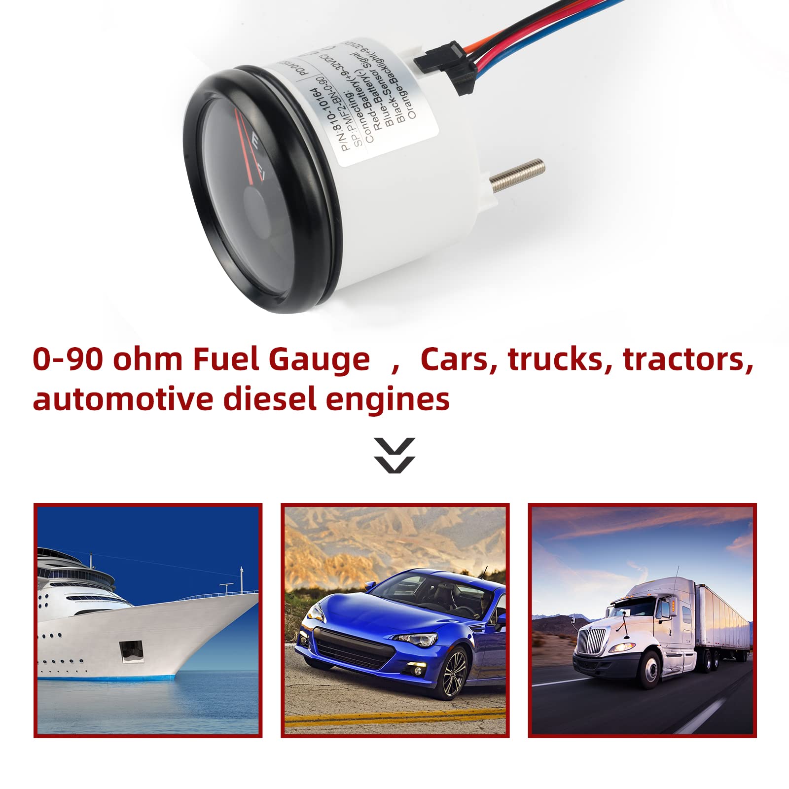 EIKLIM 0-90 ohm Fuel Gauge Marine Fuel Gauge Boat Fuel Level Gauge Gas Fuel Tank Meter Gauge 0-90 ohm Fuel Gauge with LED Backli