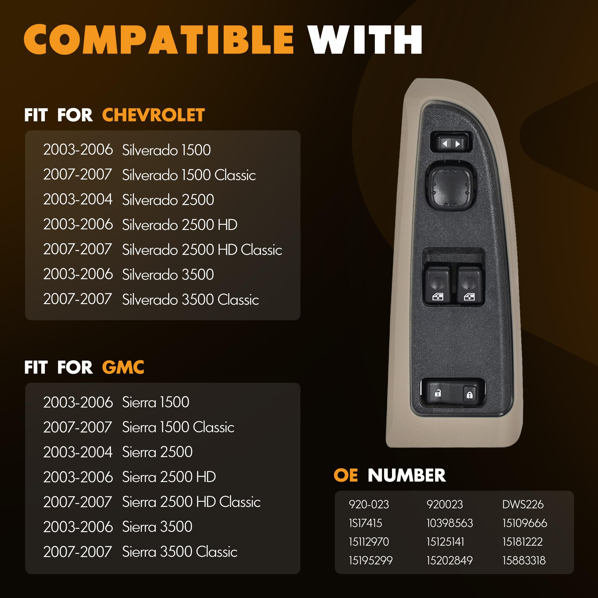 ASOPARTS 15883318 Front Driver Side Door Lock and Power Window Switch & Tan Bezel Assembly Fit for 2003-2007 Chevy Silverado, 20
