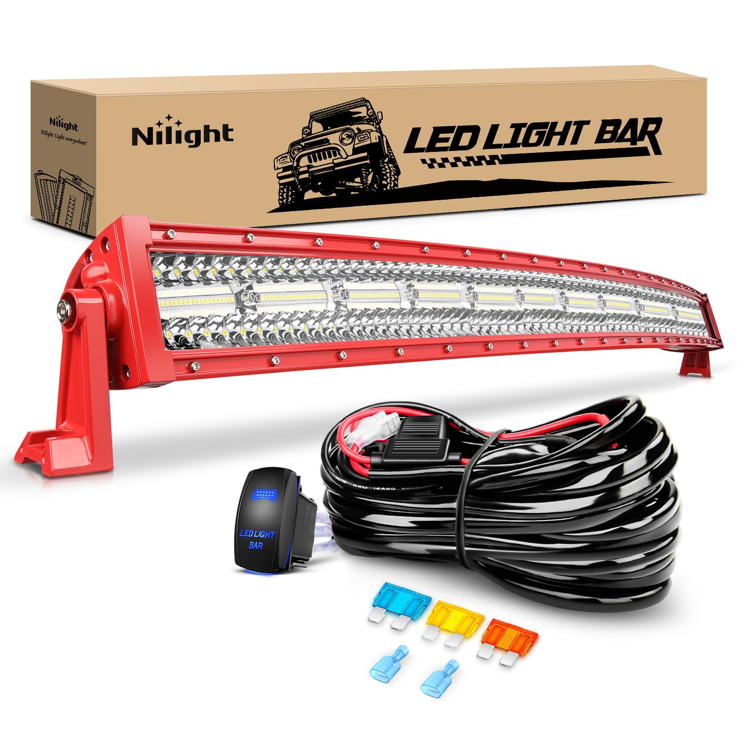Nilight Led Light Bar 42 Inch Triple Row Spot Flood Combo Lights Red Shell With Wiring Harness Kit For Fog Driving Work Lighting