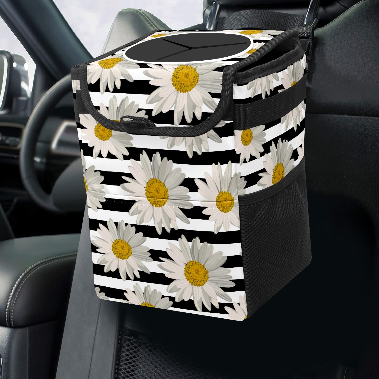White Black Striped Daisy Car Trash Can with Lid Collapsible Reusable Waterproof Car Garage Bag,Automotive Garbage Can,Car Acces