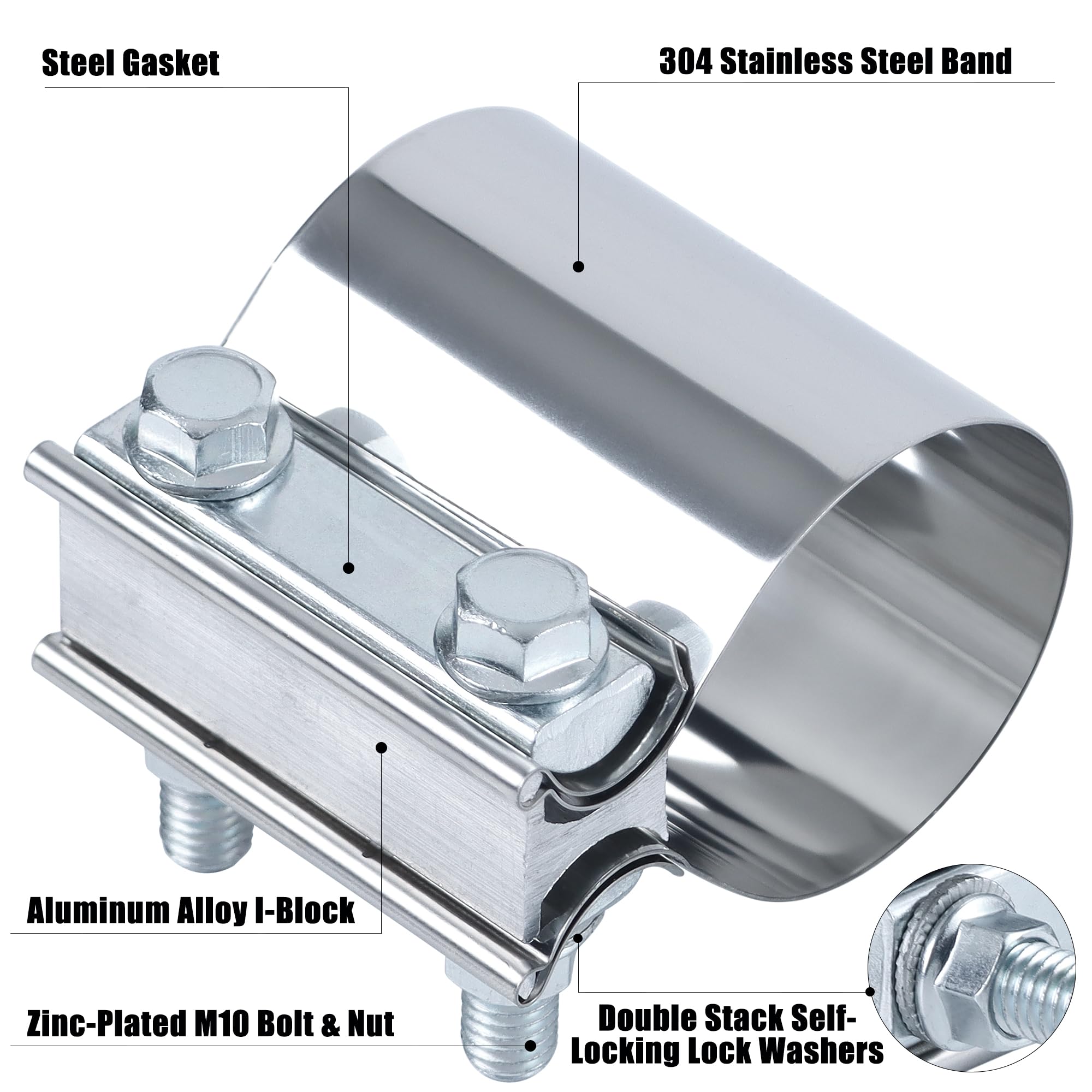 Vitonsbay 2.25 Inch Exhaust Clamp, 2 1/4 Inch Butt Joint Exhaust Pipe Muffler Band Clamp Sleeve Coupler Stainless Steel(4Pcs)