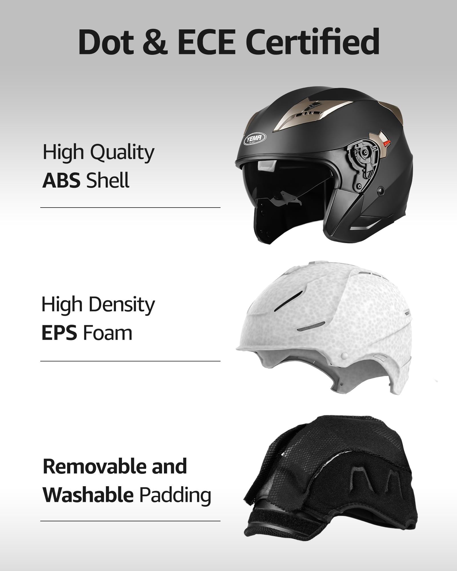 Yema Helmet Unisex Motorcycle Open Face Dot Approved Ym-627 Motorbike Moped Jet Bobber Pilot Crash Chopper 3/4 Half Helmet With