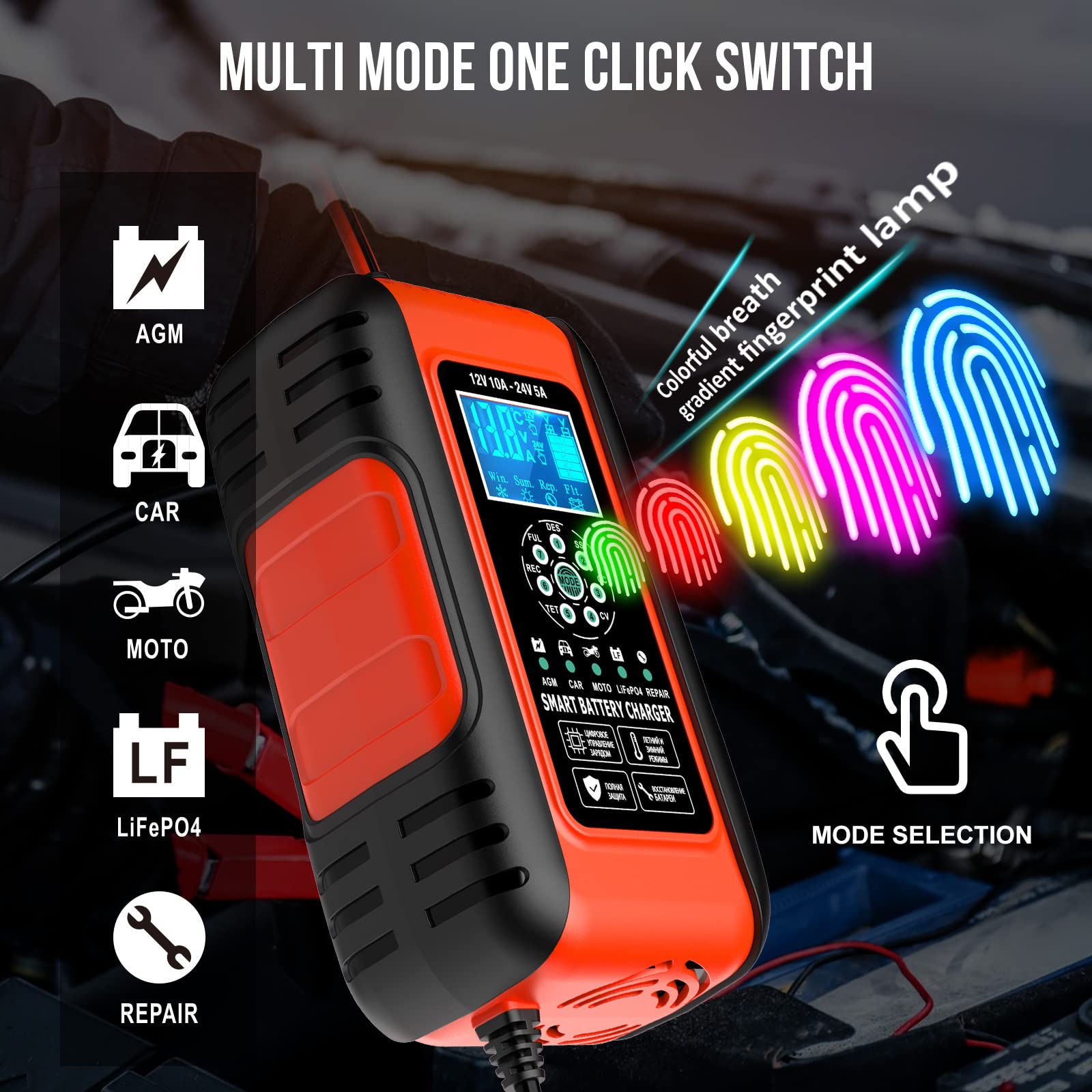 10A 12V/24V Trickle Charger, Smart Automatic Battery Automotive 7-Stage Charging Battery Maintainer with Pulse Repair Function,