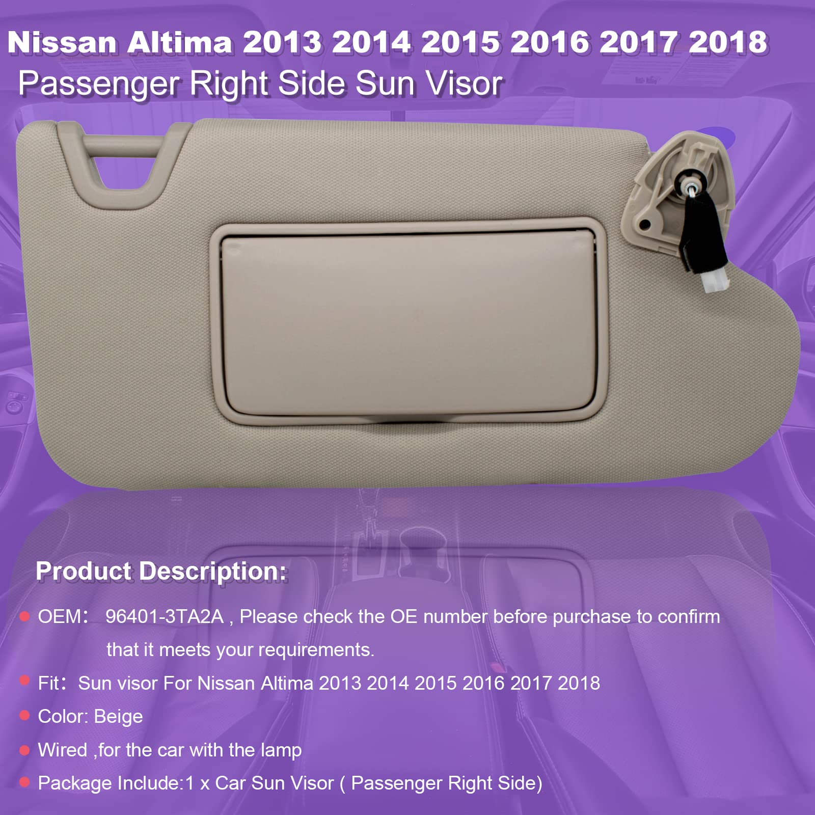 Nhiles Passenger Right Sun Visor Compatible With Nissan Altima 2013 2014 2015 2016 2017 2018 With Light, Without Sunroof 96400-3Ta2A Beige