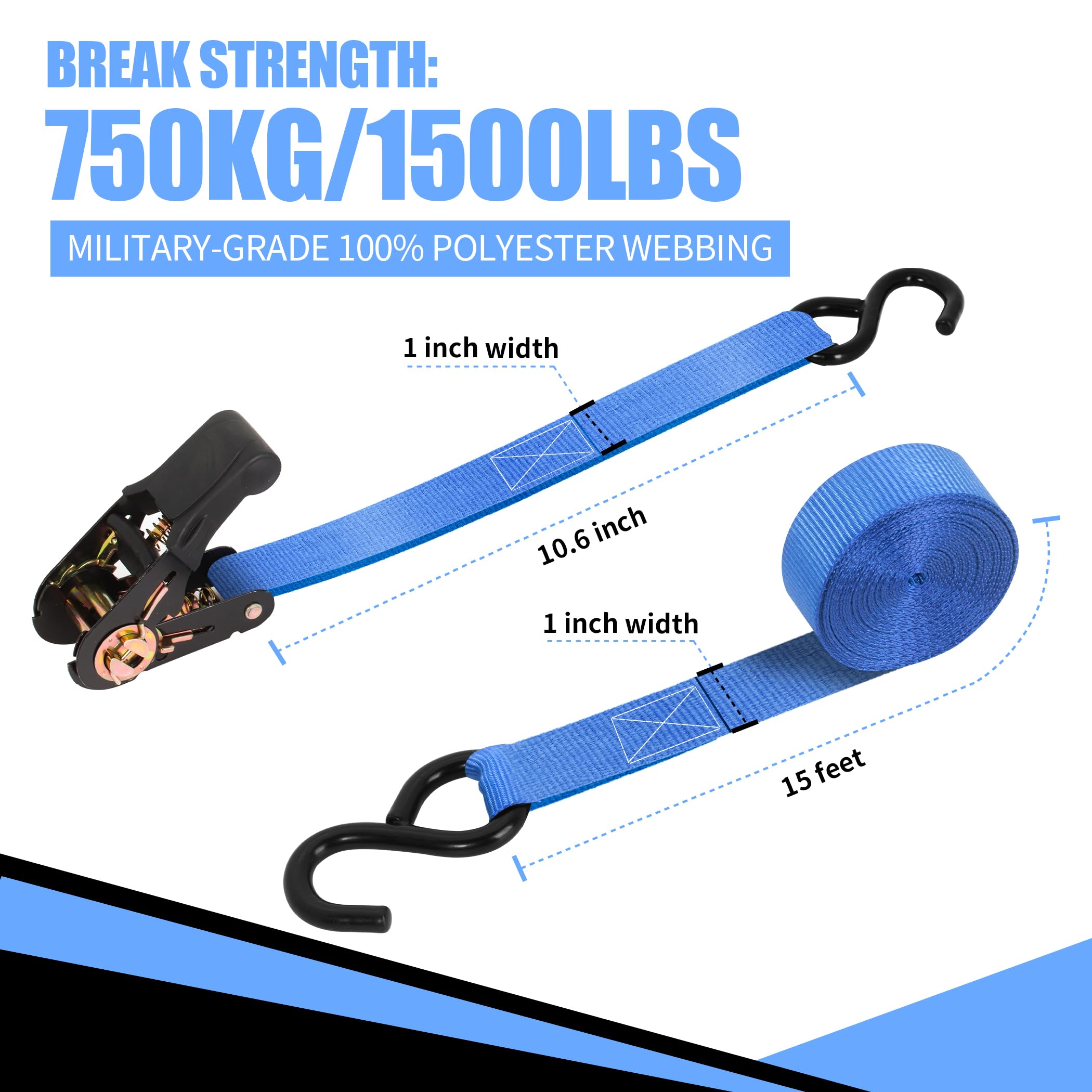 Cartman 1' X 15' Ratchet Tie Down Up To 1500Lbs 6Pk In Carry Bag, Cargo Straps