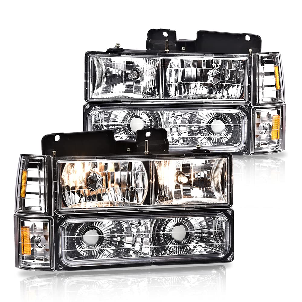 Cheda Headlights Assembly Compatible With 1994-1998 Chevy C10 C/K 1500 2500 3500 Fit 94-99 Chevy Tahoe Suburban(Clear Lens Chrom