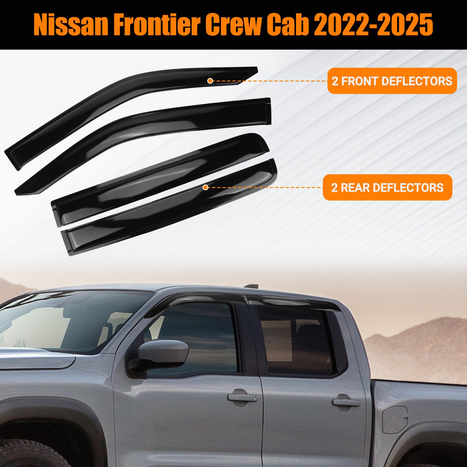 FormiPow Window Visors Rain Guards for 2022-2025 Nissan Frontier Crew Cab, Tape-On Window Deflectors, Weather Protection, Wind N
