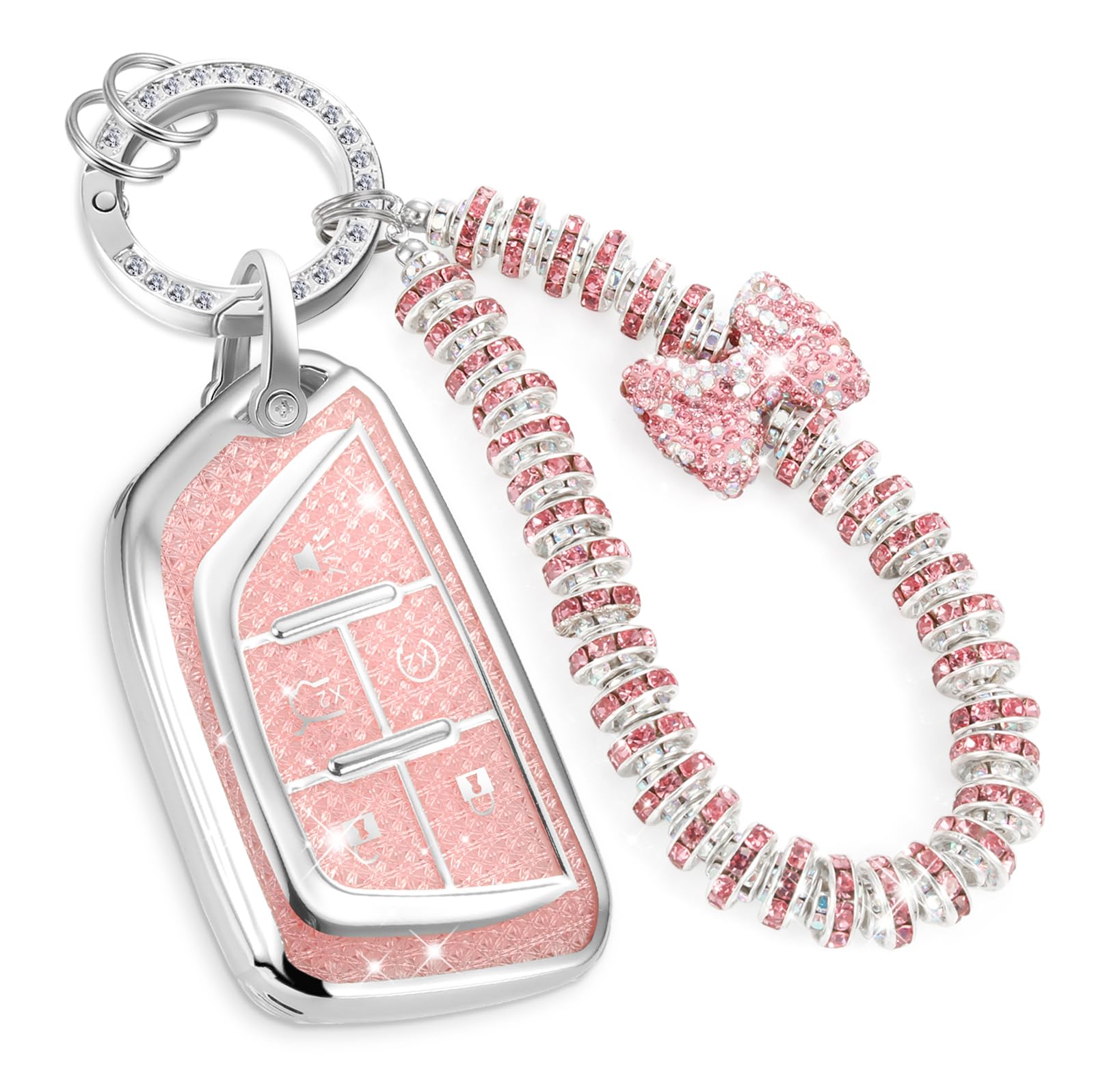 Ctrinews For Cadillac Key Fob Cover With Fashionable Zirconia Wristlet Keychain,Enchanting Diamond Patterns Soft Case For Escala