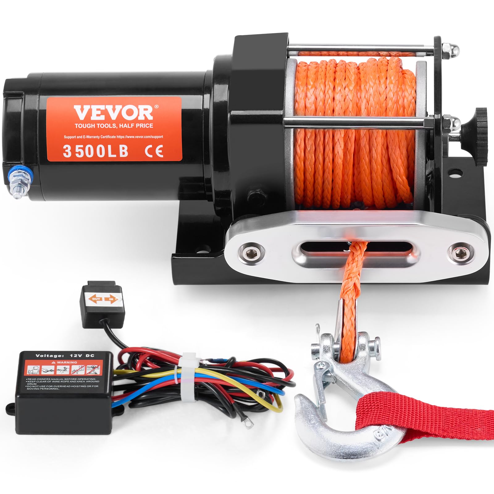 VEVOR 4500 lb Synthetic Rope, 12V DC ATV UTV Winch 1/4 in x 39 ft Aluminum Fairlead Wired Remote Control, IP55 Waterproof for To