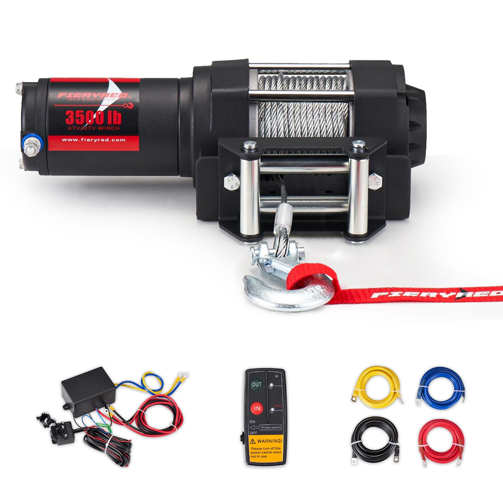 FieryRed ATV/UTV Winch- 12 V 3500LBS Electric Winch with Steel Cable, Wire and Wireless Remote Control, Roller Fairlead, IP67 Wa