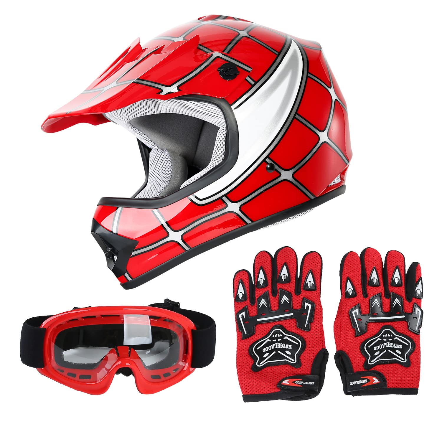 Slmoto Dot Youth Kids Helmet Motocross Offroad Street Helmet Motorcycle Helmet Dirt Bike Motocross Atv Red Spider Design Helmet+Goggles+Gloves Large