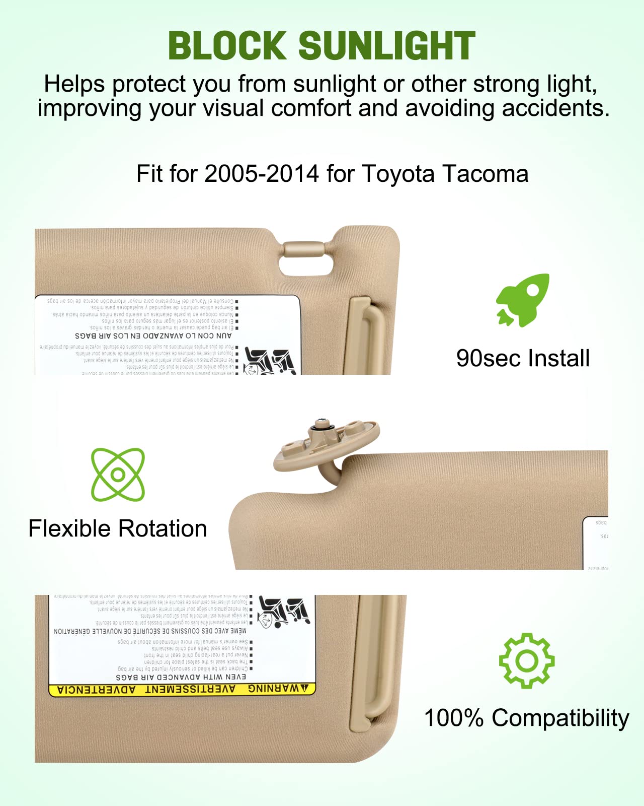 Scitoo Beige Right Passenger Side Interior Sun Visor Fit For Toyota For Tacoma 2005-2014 Without Sunroof (Oe:74320-04181-E1,7432