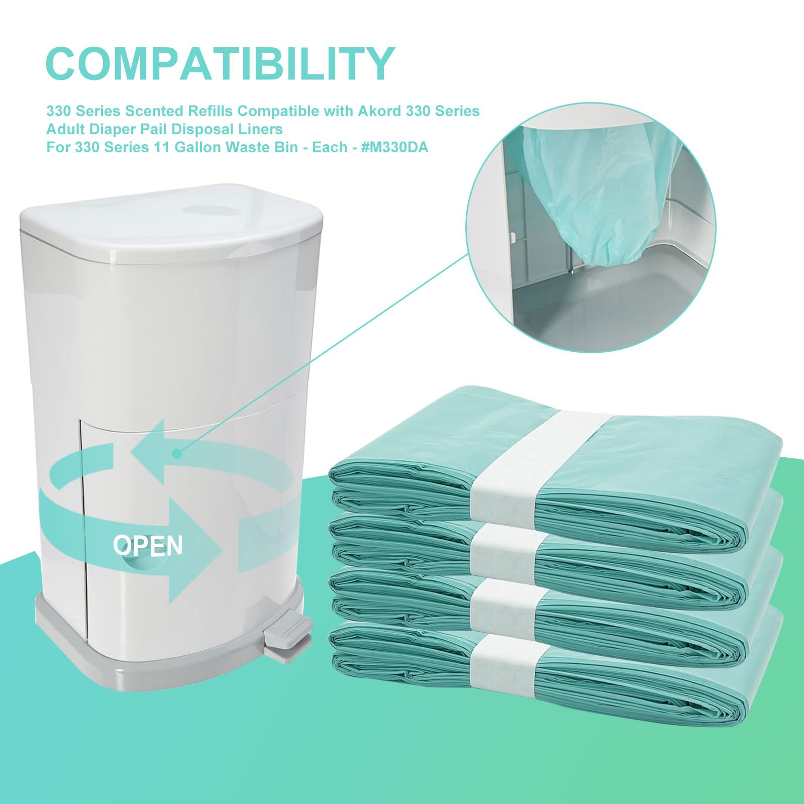 Zippland Diaper Pail Liner Refills, Green, Lightly Scented, 4 Count - Compatible with Janibell Akord 330 Series Adult Diaper System