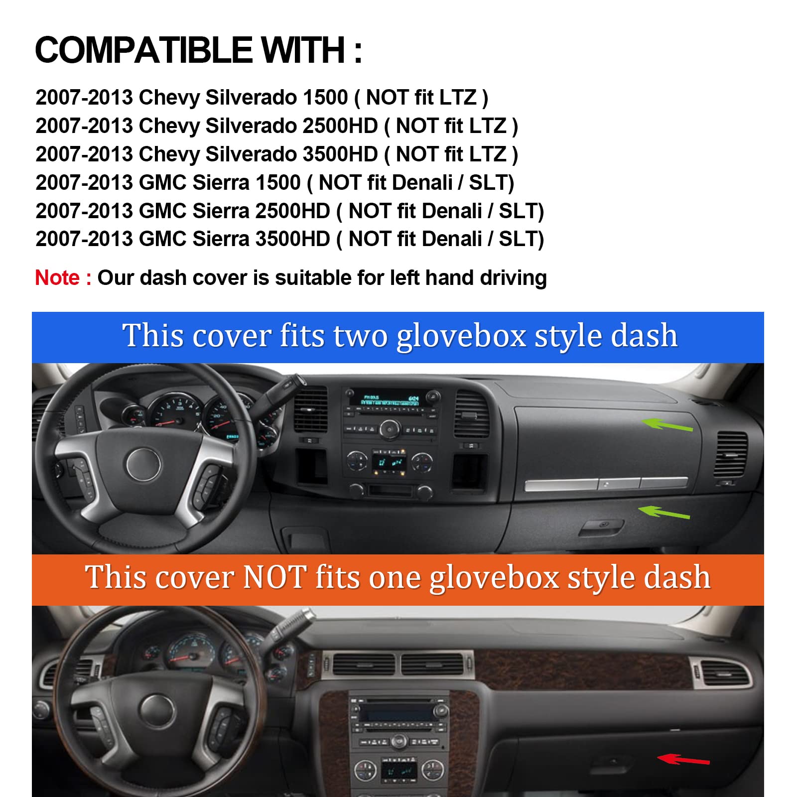 Hanlanka Dashboard Cover For Gmc Sierra And Chevrolet Silverado- Fits 2007-2013 Models With Two Glove Boxes. Custom Fit Dash Mat