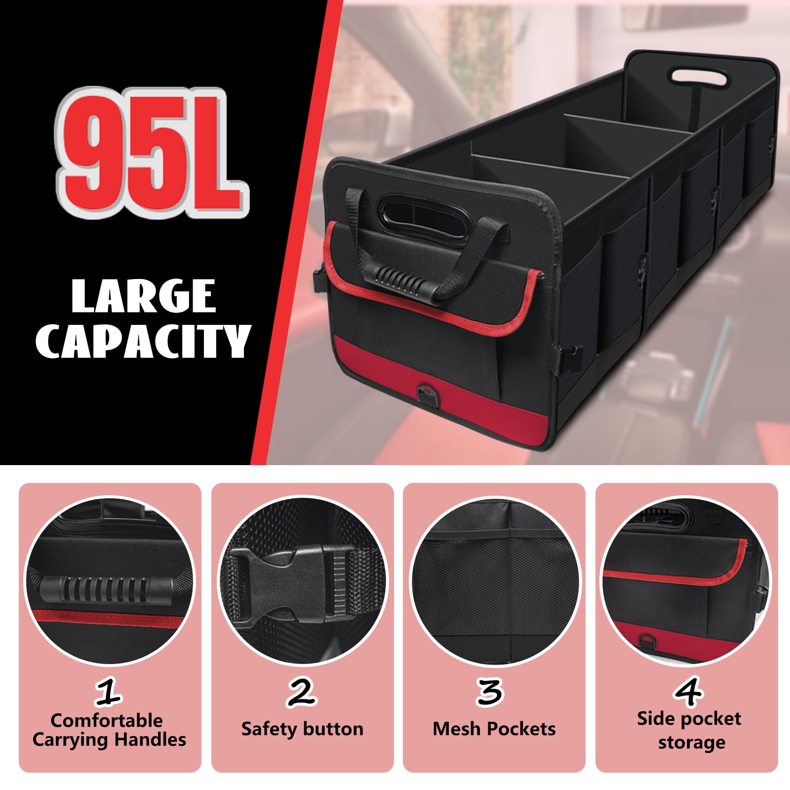 Car Trunk Organizer,Heavy Duty Collapsible 95 L Capacity Car Trunk Storage Organizer,Multi-Compartment Pockets, Adjustable Strap