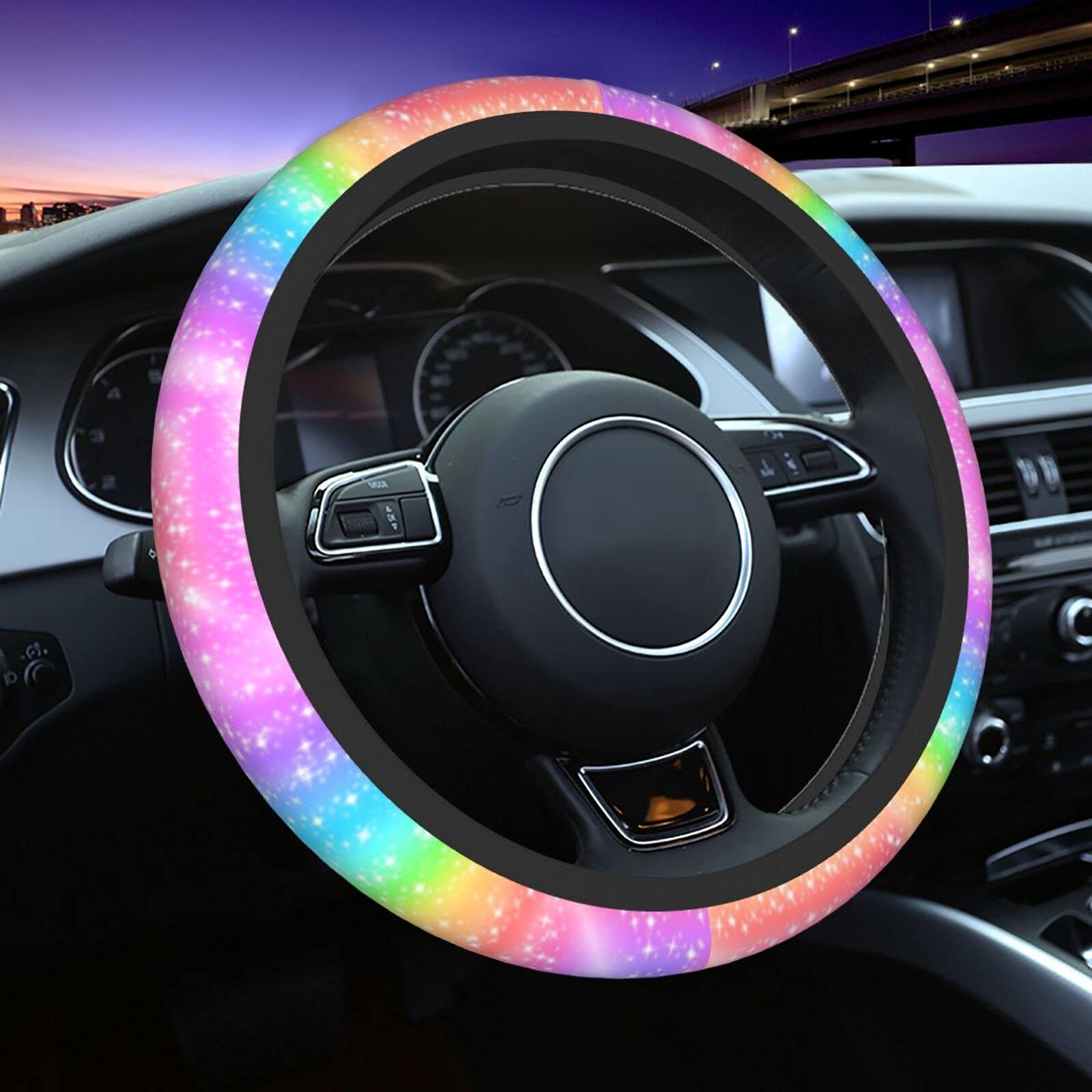Colorful Rainbow Steering Wheel Cover Car Accessories Cute For Women Girls Girly Universal 15 Inch Neoprene Auto Interior Decor 