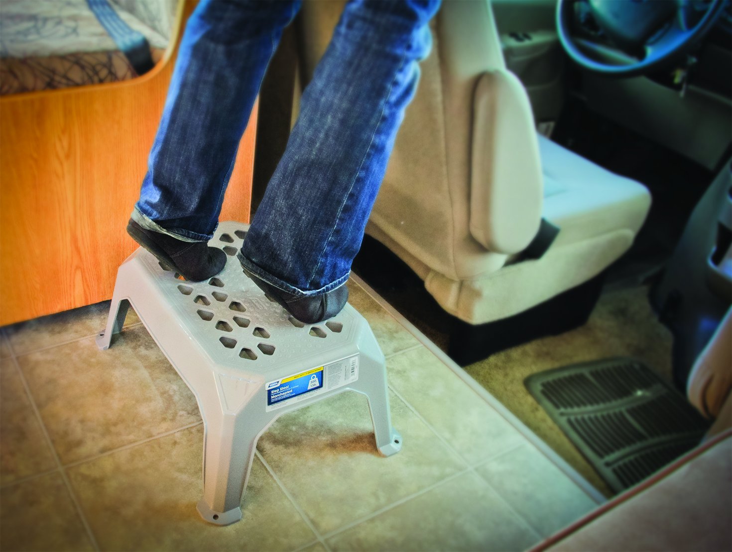 Camco Durable Large Step Stool - Textured Platform Surface To Help Prevent Slipping |Lightweight & Sturdy | Design Excellent For Rvs, Trailers, Trucks| 400 Lb. Capacity | 23 X 16 X 9 ¼ - Gray (43470)