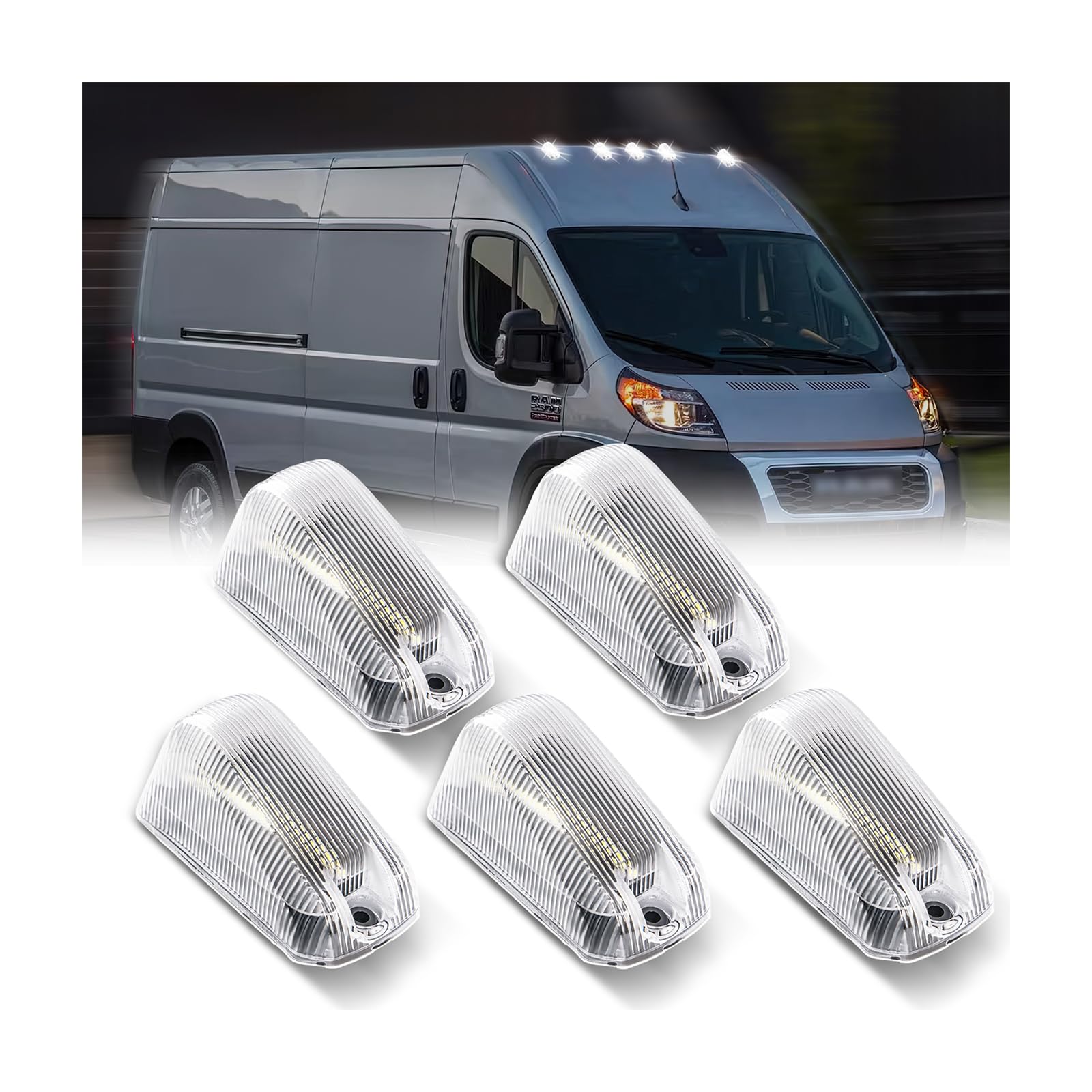Dermoka Cab Roof Top Marker Lights White Led Clearance Running Lamps For 2014-2023 Dodge Ram Promaster 1500 2500 3500,5Pcs (Clea